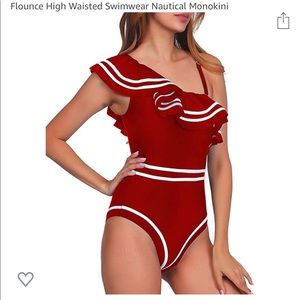 One piece red ruffled swimsuit